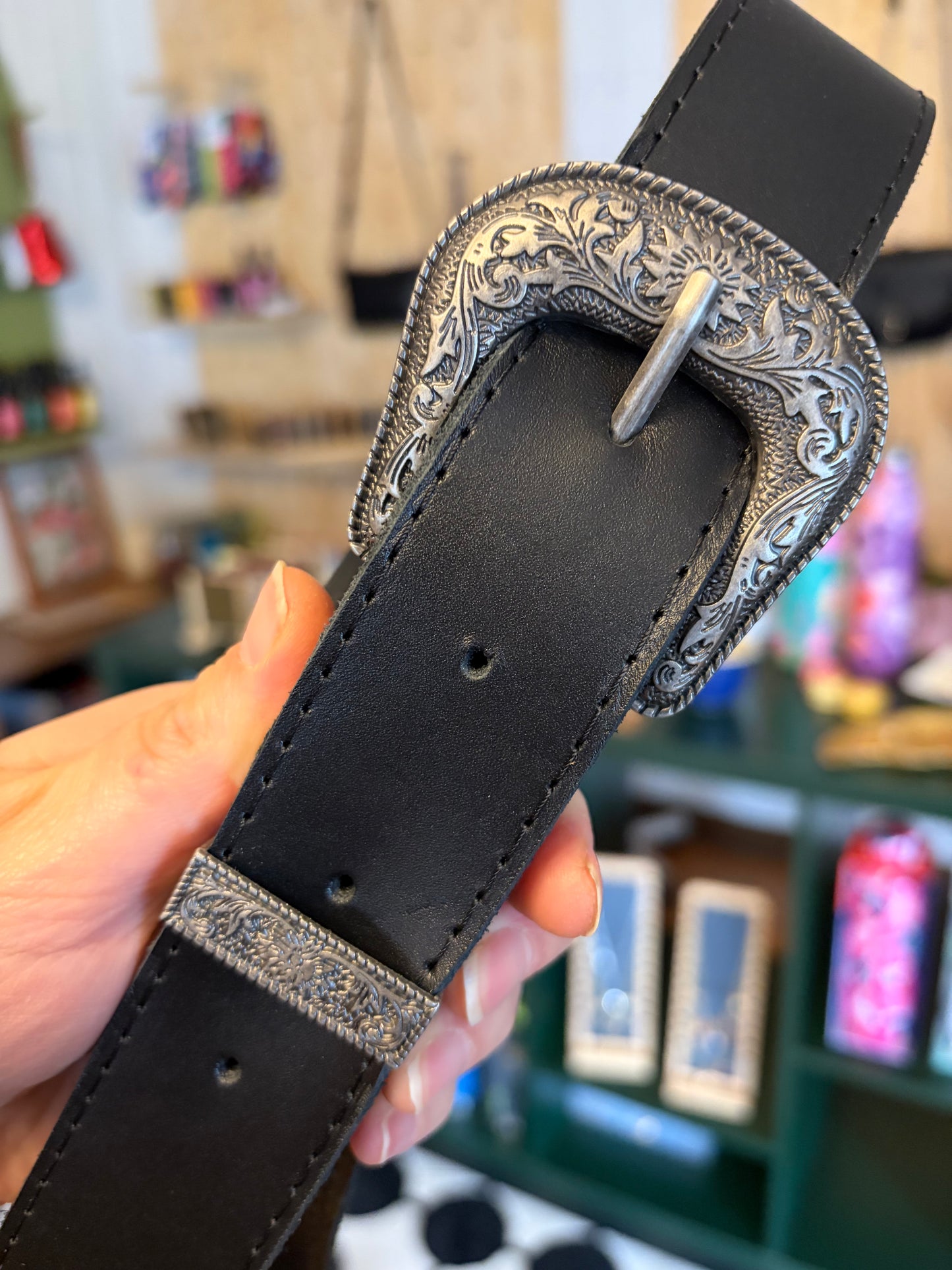 Cinturón de cuero negro, hebilla Texas